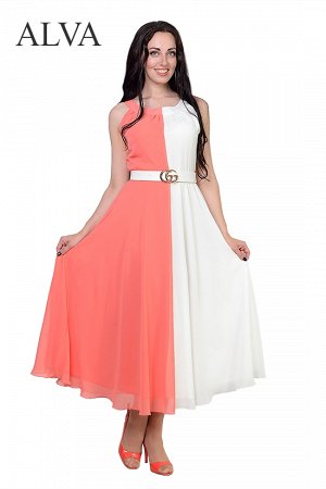 Платье Платье Аризона 8490-3 выполнено из материала шифон молочного  цвета и цвета коралл, внутри на мягкой трикотажной подкладе. Поясок в комплекте, а на спиночке змейка. Платье лёгкое и воздушное, к