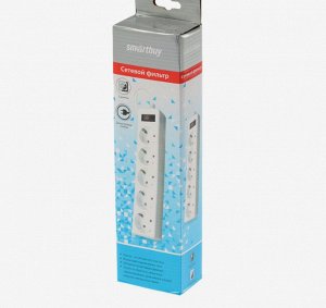 Сетевой фильтр Smartbuy, 5 розеток, 3 м, 10 А, 2200 Вт, с з/к, с выкл., белый
