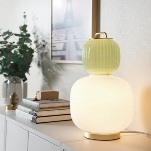 ПИЛБЛИКСТ, настольная лампа, белый/светло-зеленое стекло/металл с эффектом золота, 41 см,