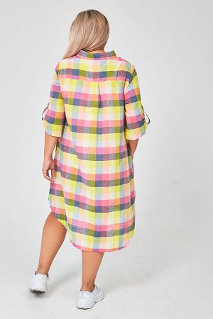 Платье Стильное платье-рубашка свободного силуэта, по центру переда застежка на петли-пуговицы. Низ ассиметричной длины с притачной внутренней обтачкой. Карман в боковом шве. Втачные рукава с подворот