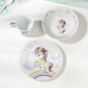 Набор детской посуды из керамики Доляна «Единорог», 3 предмета: кружка 230 мл, миска 400 мл, тарелка d=18 см