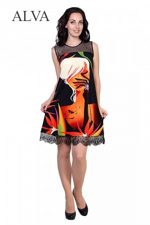 Платье Платье Лицея 8489, выполненно из ткани масло с ярким принтом, верх изделия сделан из мягкой сетки, по низу платья красивое французское  кружево. Для тех кто любит удобство, комфорт и оригинальн