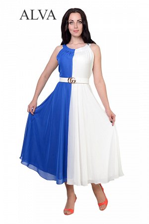 Платье Платье Аризона 8490-1 выполнено из материала шифон молочного  цвета и электрик, внутри на мягкой трикотажной подкладе. Поясок в комплекте, на спинке змейка. Платье лёгкое и воздушное, комфортно