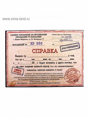 Справка-отмазка картон Буду ночевать у друга 21 х 14,5 см