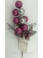 Ветка с декоративными шариками 26 см серебро/розовый