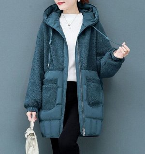 Пальто комбинированное на молнии с капюшоном, сине-зеленый