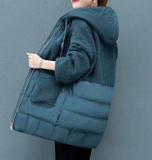 Пальто комбинированное на молнии с капюшоном, сине-зеленый