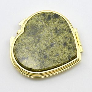 Зеркальце карманное "Сердце" с камнем змеевик, золотистое