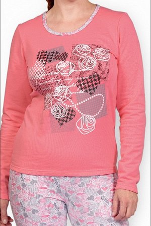 Пижама с брюками футер с начёсом, принт, розовый (402-1)