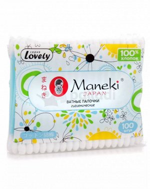 Палочки ватные гигиенические "Maneki", серия Lovely, с голубым пластиковым стиком, в zip-пакете, 100 шт./упак