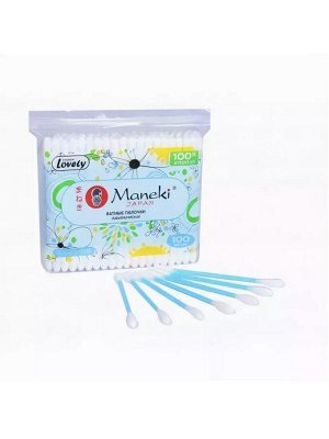Палочки ватные гигиенические "Maneki", серия Lovely, с голубым пластиковым стиком, в zip-пакете, 100 шт./упак