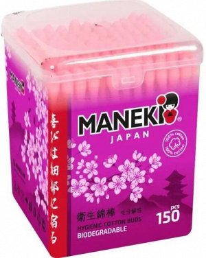 Палочки ватные гигиен. "MANEKI" (серия Sakura) с розовым бум. стиком, в пласт. коробке, 150 шт./уп.