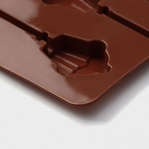 Форма силиконовая для леденцов Доляна «Кексик», 25x9,5x1,5 см, 6 ячеек, с палочками, цвет коричневый
