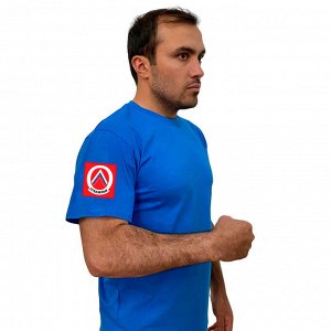 Васильковая футболка с трансфером "Отважные", на рукаве (тр. 87)