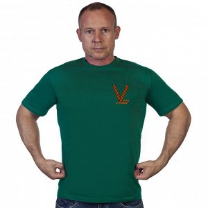 Зелёная футболка с гвардейским термотрансфером V, (тр. №25)