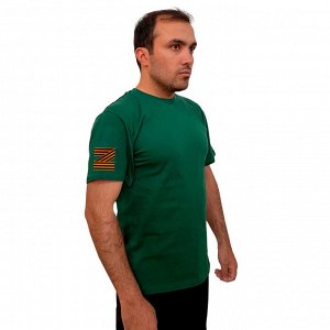 Зелёная футболка с гвардейским термотрансфером Z на рукаве, (тр. №66)