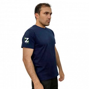 Тёмно-синяя футболка с термоаппликацией Z на рукаве, – "Поддержим наших!" (тр. №22)