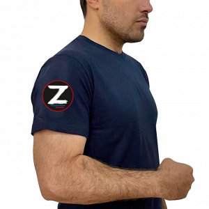 Тёмно-синяя футболка с термопринтом Z на рукаве, – "Поддержим наших!" (тр. №14)