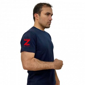 Тёмно-синяя футболка с термотрансфером на рукаве Z, – "За победу! Задача будет выполнена!" (тр. №37)