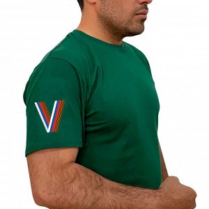 Зелёная футболка с термотрансфером V на рукаве, (тр. №67)