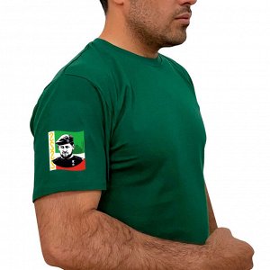 Зелёная футболка с термотрансфером Рамзан Кадыров на рукаве, (тр. №48)