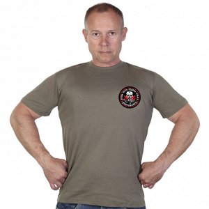 Трикотажная оливковая футболка с термоаппликацией "Доброволец Z, - Кровь. Честь. Родина. Отвага"