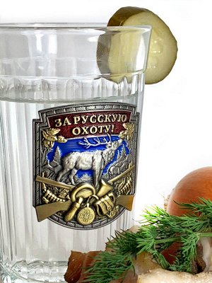 Граненый стакан на подарок охотнику, – серия «За русскую охоту!» в индивидуальной подарочной упаковке №110