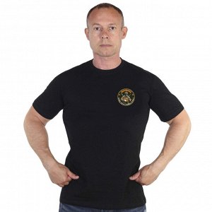 Трикотажная черная футболка с термотрансфером "Доброволец, - Кровь. Честь. Родина. Отвага"