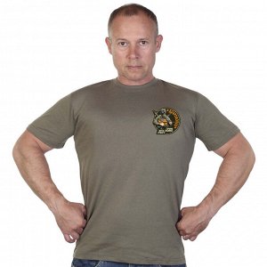 Мужская оливковая футболка с термотрансфером "Доброволец, - Кровь. Честь. Родина. Отвага"