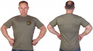 Мужская оливковая футболка с термотрансфером "Доброволец, - Кровь. Честь. Родина. Отвага"