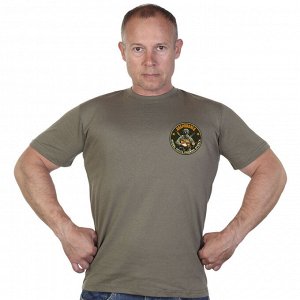 Оливковая трикотажная футболка с термотрансфером "Доброволец, - Кровь. Честь. Родина. Отвага"