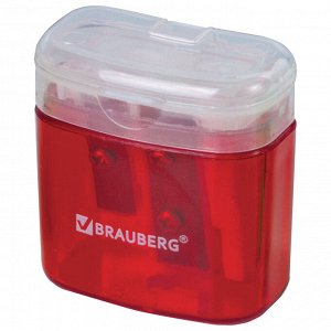 Точилка BRAUBERG CHIEF с контейнером, пластиковая, прямоуг., 2 отверстия, с крышкой, ассорти, 226942