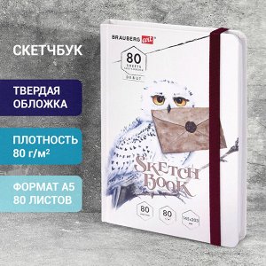 Скетчбук, белая бумага 80г/м 145х203мм, 80л, резинка, твердый, BRAUBERG ART DEBUT, Хогвартс, 114581