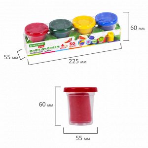 Пластилин тесто BRAUBERG KIDS, 4 цвета, 200г, яркие классические цвета, крышки-штампики, 106714