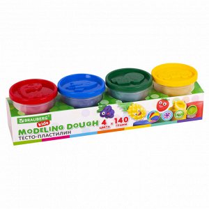 Пластилин тесто BRAUBERG KIDS, 4 цвета, 560г, яркие классические цвета, крышки-штампики, 106715