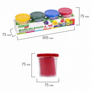 Пластилин тесто BRAUBERG KIDS, 4 цвета, 560г, яркие классические цвета, крышки-штампики, 106715