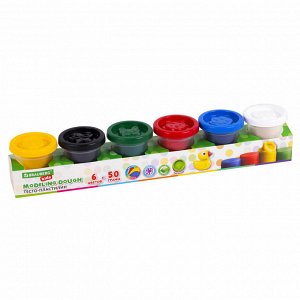 Пластилин тесто BRAUBERG KIDS, 6 цветов, 300г, яркие классические цвета, крышки - штампики, 106718