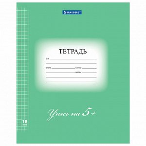 Тетрадь 18 листов BRAUBERG ЭКО "5-КА", КЛЕТКА, обложка плотная мелованная бумага, ЗЕЛЕНАЯ, 402987