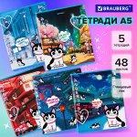 Тетради 48 листов ДЭК А5 КОМПЛЕКТ 5 шт. BRAUBERG, КЛЕТКА, матовая ламинация, лак, Аниме Кот, 404671