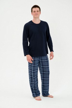 Пижама мужская из футболки с длинным рукавом и брюк из кулирки Генри темно-синяя клетка