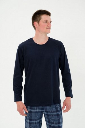 Пижама мужская из футболки с длинным рукавом и брюк из кулирки Генри темно-синяя клетка