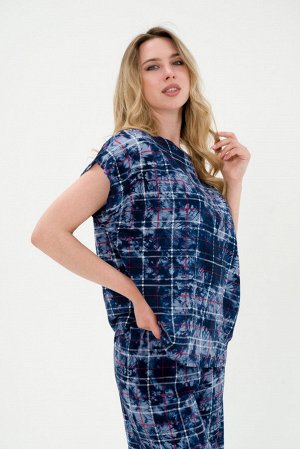 Костюм женский из туники и брюк штапель Диана синяя клетка