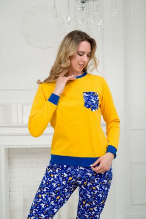 Пижама женская из джемпера из кулирки и брюк из футера Контраст белые единороги желтый
