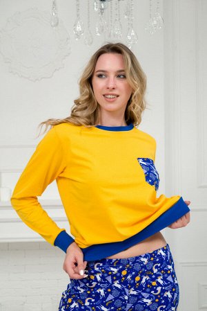 Пижама женская из джемпера из кулирки и брюк из футера Контраст белые единороги желтый