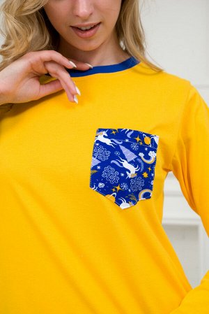Пижама женская из джемпера из кулирки и брюк из футера Контраст белые единороги желтый