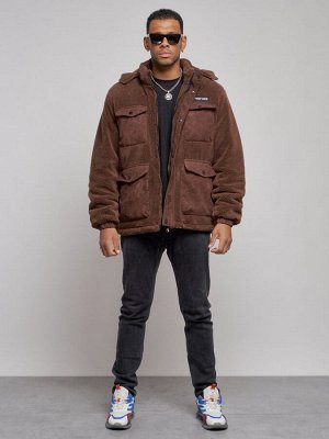 Плюшевая куртка мужская с капюшоном молодежная коричневого цвета 88636K