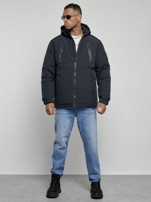 Куртка спортивная мужская зимняя с капюшоном темно-синего цвета 8360TS