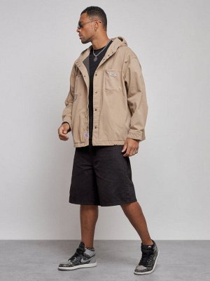Джинсовая куртка мужская с капюшоном бежевого цвета 12768B