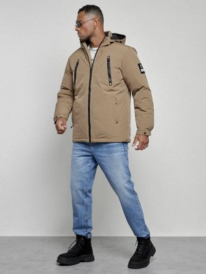 Куртка спортивная мужская зимняя с капюшоном бежевого цвета 8360B