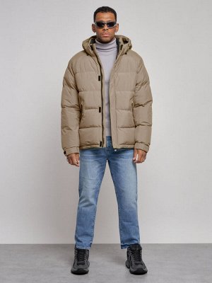 Куртка спортивная болоньевая мужская зимняя с капюшоном бежевого цвета 3111B
